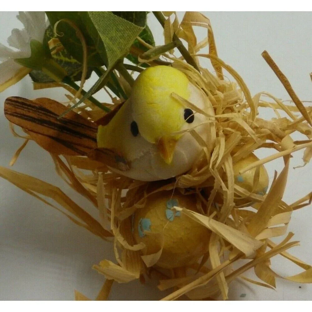 Baby Bird Nest Chick Flocked Pick Egg Floral Basket Decoration Vintage Easter